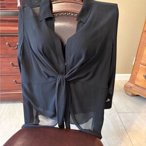 Bar III Black Sheer Tie-Front Blouse with Collar